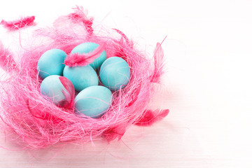 Easter eggs in a pink nest. Blue or turquoise chicken eggs on white wooden background. Pink feather