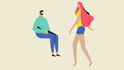 Fototapeta na wymiar a modern girl walks, a guy sitting on a bench looks at her creative vector illustration isolated
