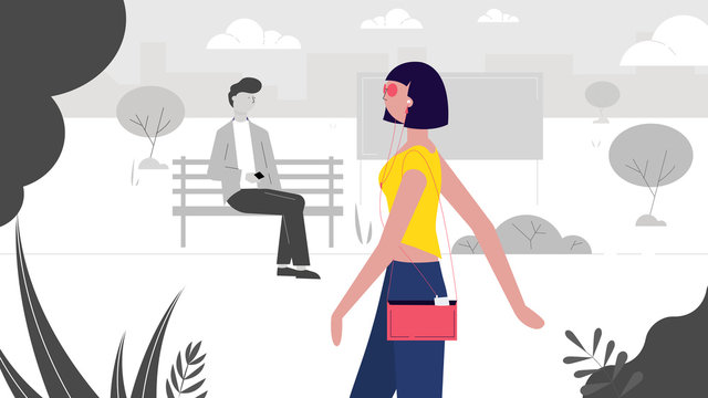 a modern girl walks through the park, a guy sitting on a bench looks at her creative vector illustration