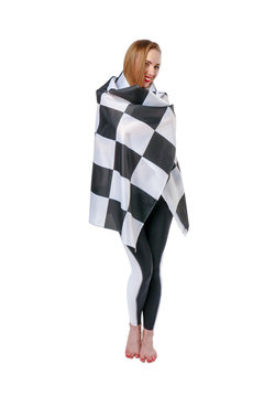 Woman Is Holding A Waving Race Checkerd Flag.