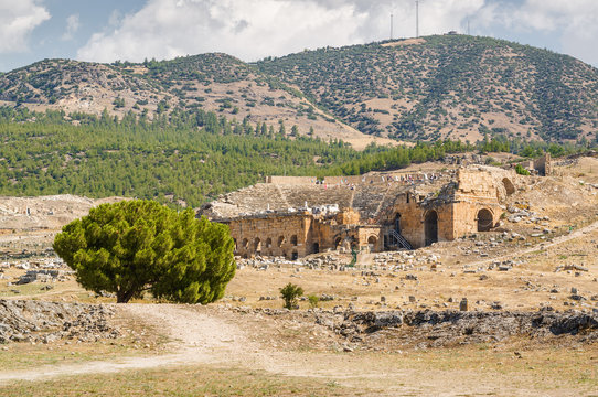 Sunny view of ruins of ancient Hierapolis near Pamukkale, Denizli province, Turkey.