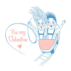 Hand drawn Valentine's Day greeting card. ouple riding a roller coaster