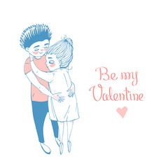 Hand drawn Valentine's Day greeting card. Cute couple hugs