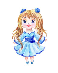 Anime is a little girl in a blue dress with two lovely tails. Chibi drawing watercolor