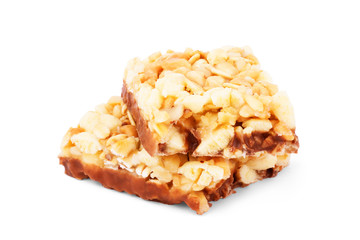 Healthy granola bar (muesli or cereal bar) isolated on white background