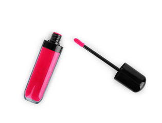 Lip gloss in elegant glass bottle with black lid, closed and open container with brush, isolated on white background. Liquid lipstick