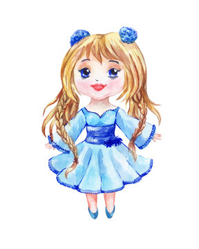 Anime is a little girl in a blue dress with two lovely tails. Chibi drawing watercolor