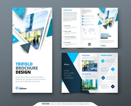 Business tri fold brochure design. Blue green corporate business template for tri fold flyer. Layout with modern square photo and abstract background. Creative concept folded flyer or brochure.