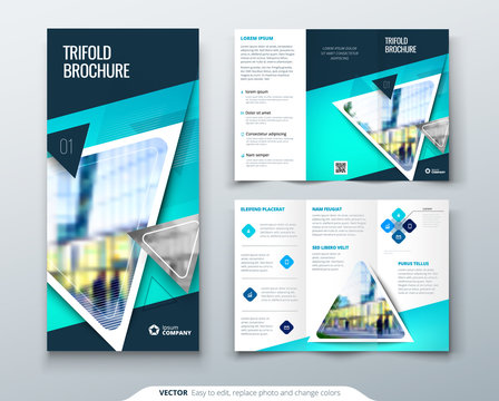 Business tri fold brochure design. Blue green corporate business template for tri fold flyer. Layout with modern square photo and abstract background. Creative concept folded flyer or brochure.