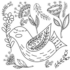 Coloring book fol adults. Folk set vector blask and whit illustration with beautiful birds and flowers. Scandinavian style. © olesiaagudova