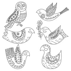 Fototapeta na wymiar Coloring book or pages for adults. Illustration birds with flowers in a Scandinavian style. Folk art.