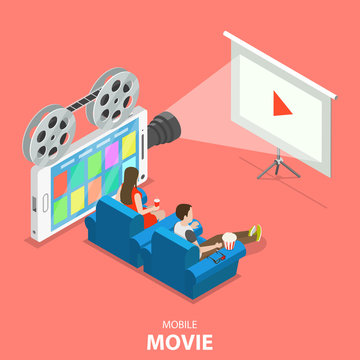Mobile movie flat isometric vector concept. Couple is watching some movie using a smartphone, that looks like retro film projector.