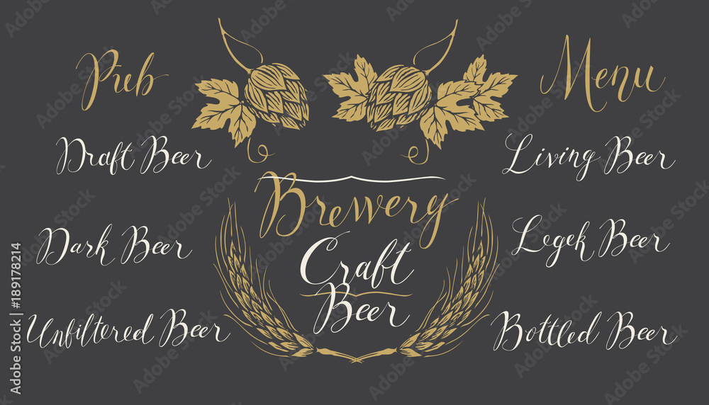 Poster vector set of handwritten inscriptions and design elements on the theme of beer and brewery on black