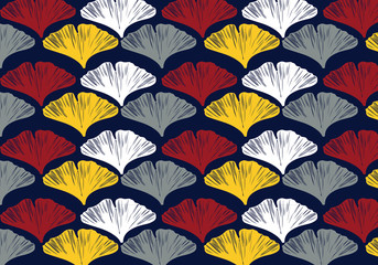 Fototapeta na wymiar Hand drawn ginkgo leaves vector pattern in a red, yellow, gray and white color palette on a dark blue background