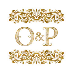 O and P vintage initials logo symbol. The letters are surrounded by ornamental elements. Wedding or business partners monogram in royal style.