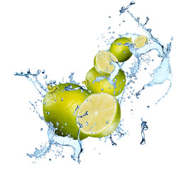 Water splash with citrus green lime isolated on white background. Abstract object. 