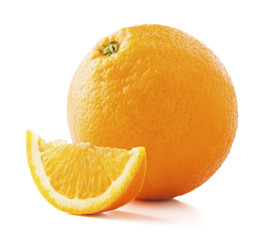 whole orange with slice isolated on white background