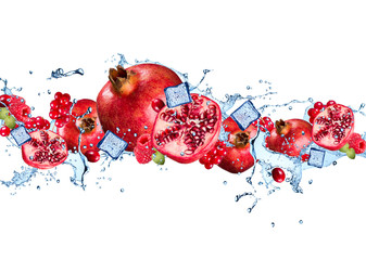 Fototapeta na wymiar Water splash with pomegranate isolated on white background. 