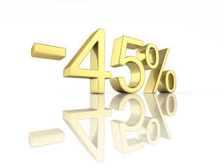 Gold text 45 percent off on white background with reflection 3D render