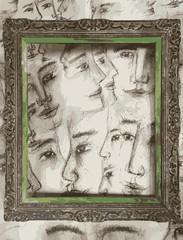 Visages de face et de profil entremêlés dessinés derrière un cadre baroque 