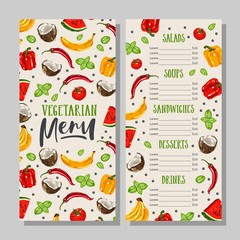 Vegetarian food menu template with handwritten calligraphy. Healthy farm food. Hand drawn vegetables and fruits.