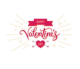 Happy Valentines Day text. Vintage poster with calligraphy typography and banner with ribbon, heart icon and arrows. Vector Illustration. EPS 10
