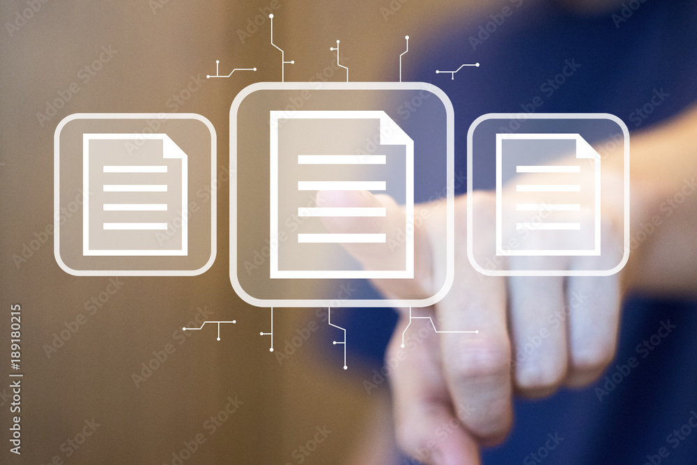 Poster businessman presses button file virtual electronic user interface.