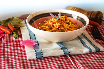tasty pasta Italian meat sauce pasta on the table