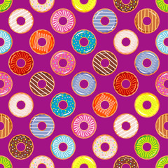 Seamless pattern with colorful donuts with glaze and sprinkles. Colorful collection of cartoon dessert. Textile rapport.