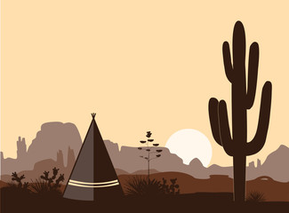 Indian wigwam silhouette with saguaro cacti, son , and mountains. American landscape with tribal tents © Toltemara