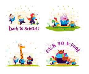 Vector flat collection of happy animal student standing at school building illustrations. Back to school pupil group isolated on white background. Cartoon style, lettering. Good for banner design.