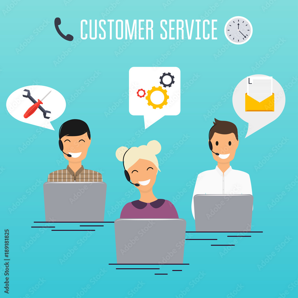 Poster operators of call center office working in headphones with laptop computer. customer service design.