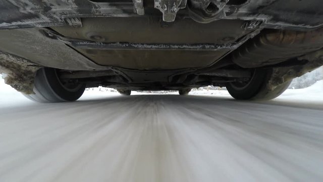 Snow road driving, camera mounted under the car