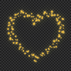 Heart silhouette on transparent background. Golden stars stream in heart symbol form. Valentines Day background design.