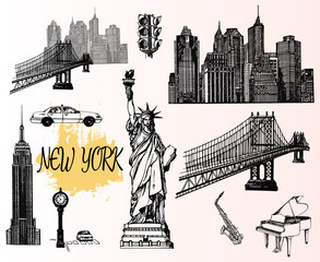 Set of hand drawn sketch style New York themed isolated objects. Vector illustration.