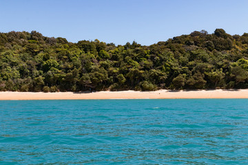 New Zealand Abel Tasman National park bay landscape with clear water on the beach - 189182838