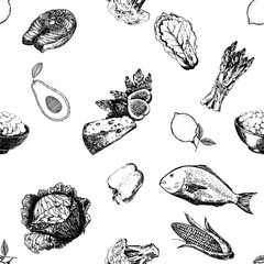 Seamless pattern of hand drawn sketch style isolated food. Vector illustration.
