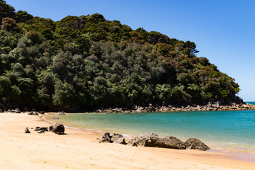 New Zealand Abel Tasman National park bay landscape with clear water on the beach - 189183026