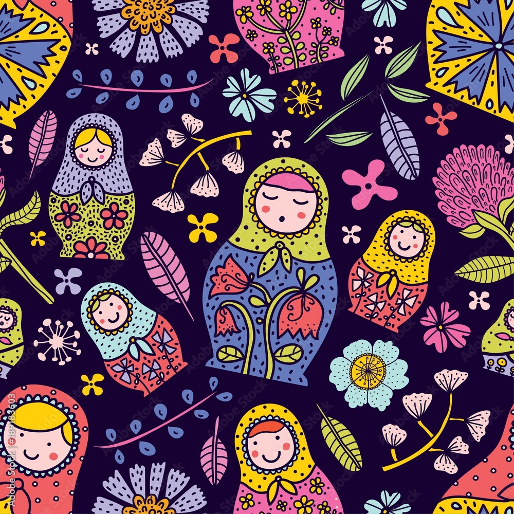 Wall mural Matryoshka and flowers. Cute babushka.Seamless pattern can be used for wallpaper, pattern fills, web page background, surface textures.