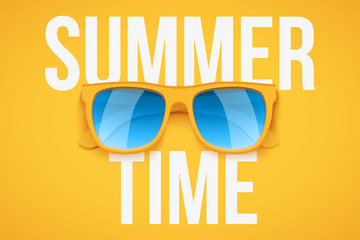 Yellow sunglasses on yellow background with Summer time text. Vacation or shopping sale advertisement. Editable Vector Illustration