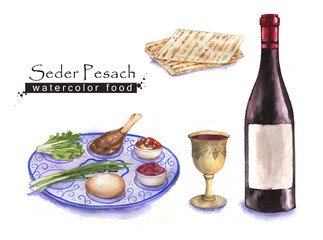 Hand drawn watercolor set of holiday Jewish food. Seder Pesach plate, matzah and wine. Passover meal.