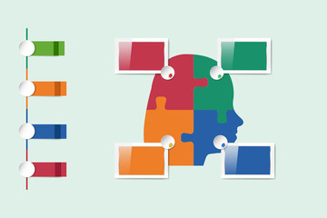 Infograph of silhouette of woman head composed of puzzle pieces, color PC monitor screens and equally colored information labels  ready for your text.