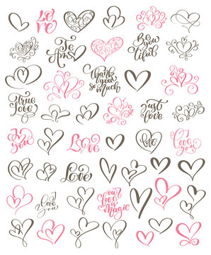 Big set hand written lettering about love to valentines day and heart design poster, greeting card, photo album, banner, flourish calligraphy vector illustration collection