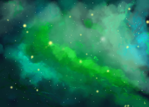 Green space star nebula in Space Background. Digital painting.