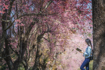 A portrait of a young woman reading a book in the park	