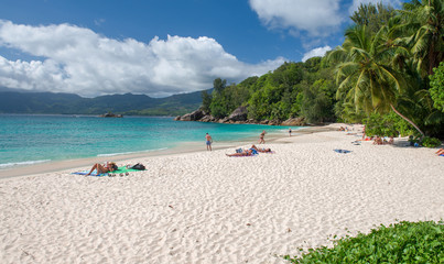 Beautiful tropical beach with sand, ocean and palms