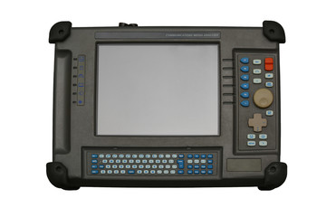 Communications media analyzer, nettest. Device for diagnosing the integrity of  optical lines, finding the broken optical cable, measuring the distance to the damage to the network. Isolated.