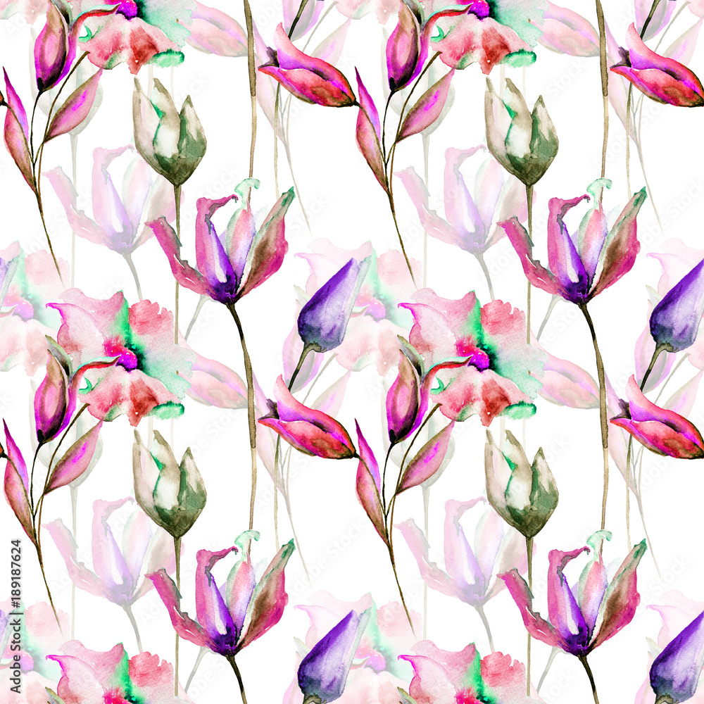 Sticker seamless pattern with tulips and lily flowers