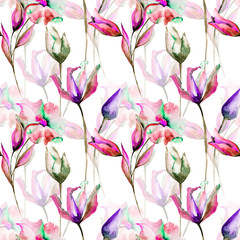 Seamless pattern with Tulips and Lily flowers