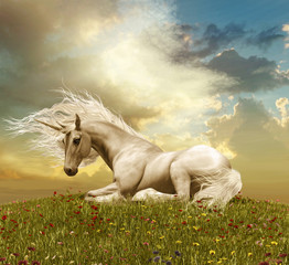 Fototapeta na wymiar Enchanting White Unicorn Resting During a Sunset